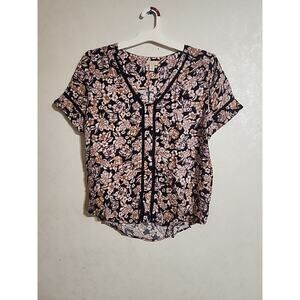 Hinge Pullover Top Navy Blue Floral sz S V-Neck Lace Trim